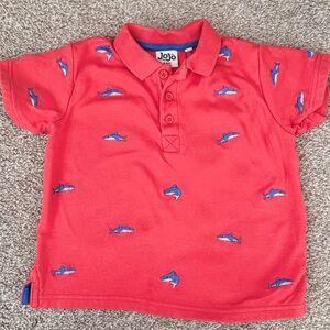 JoJo Maman Bebe Coral Polo with Blue Shark Embroidery